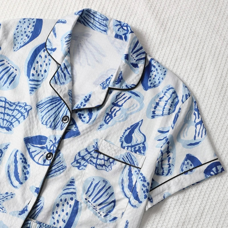 Cralom Shell Print Pajama Set: Short Sleeve Top & Soft Elastic Shorts
