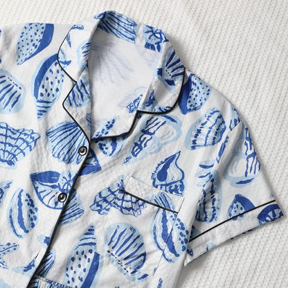 Cralom Shell Print Pajama Set: Short Sleeve Top & Soft Elastic Shorts