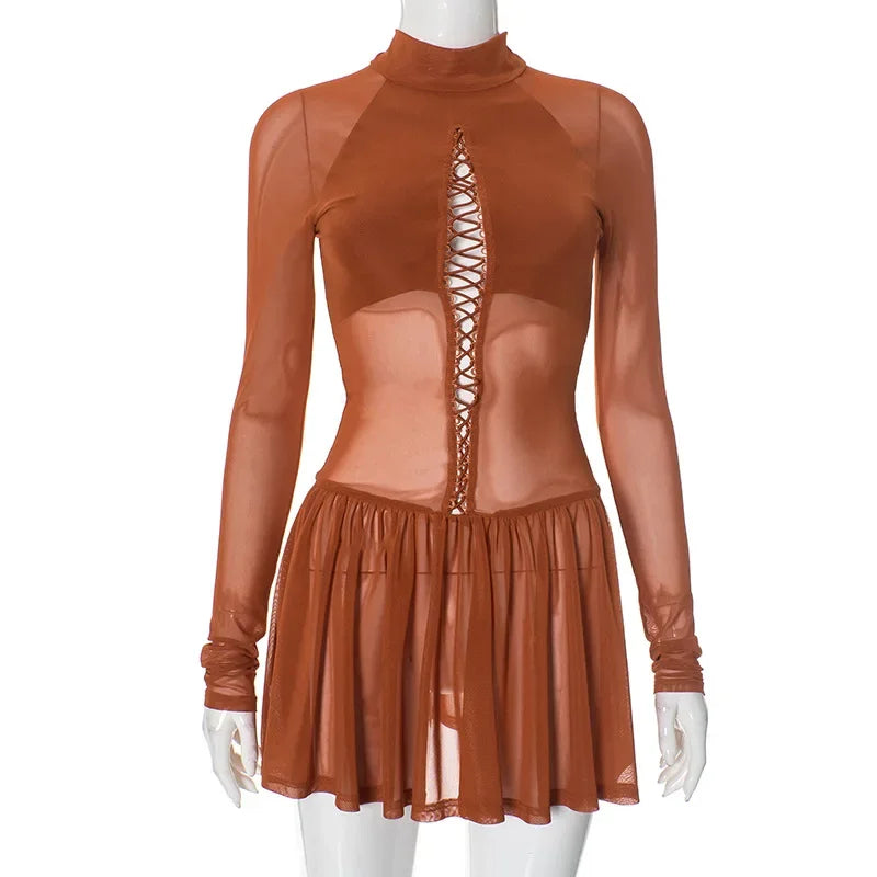 Cralom Long Sleeve Mesh Bodycon Mini Dress - Sexy Evening Night Club Style