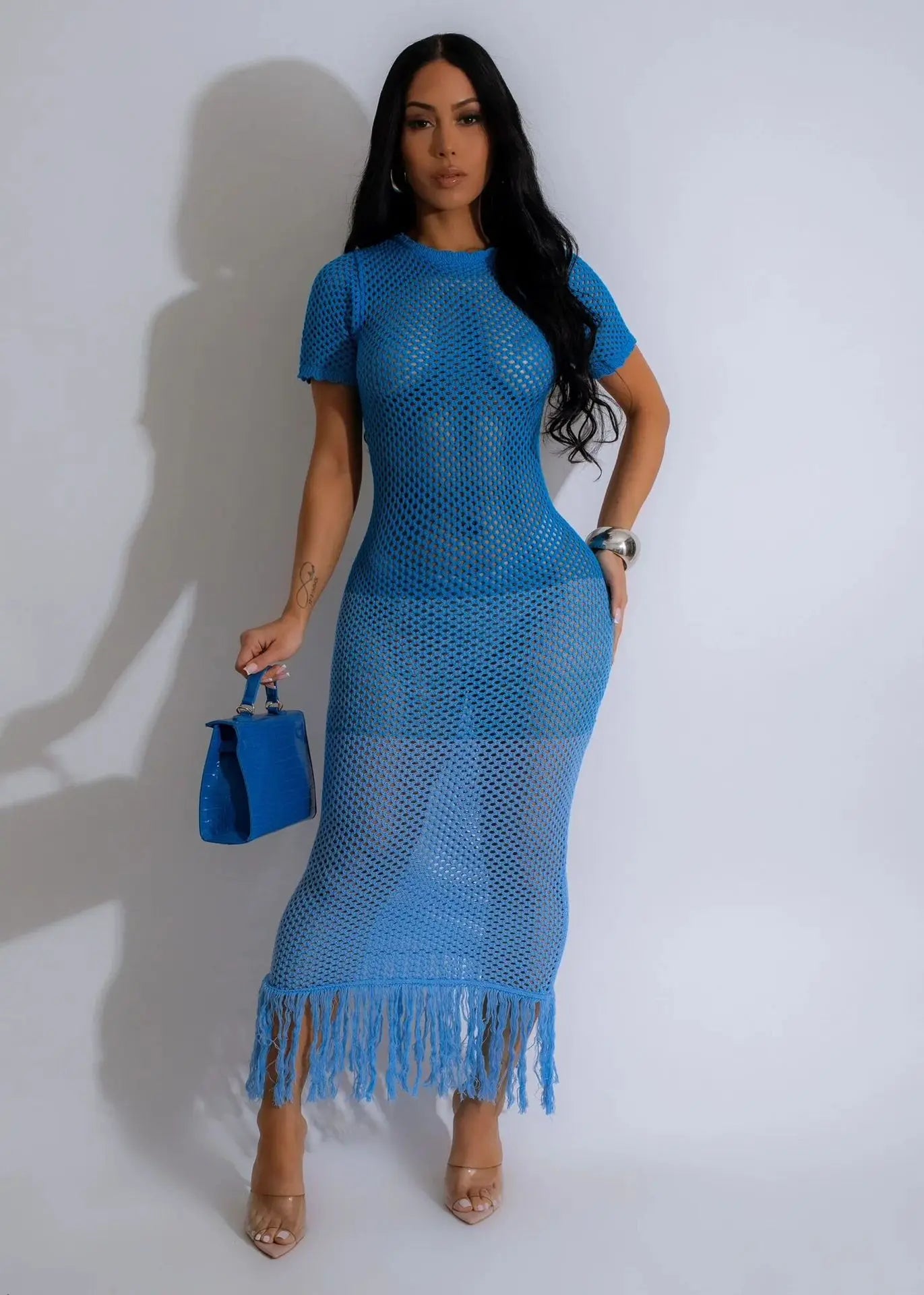 Cralom Gradient Color Short Sleeve Hollow Mesh Knitted Beach Skirt