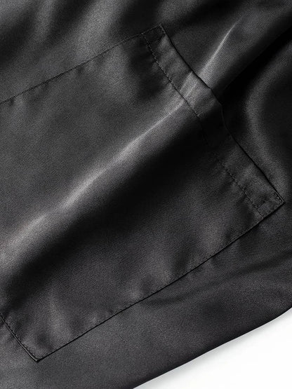 Cralom Men's V-Neck Pajama Set: Black Suit with Robe and Shorts for Relaxing Sleep