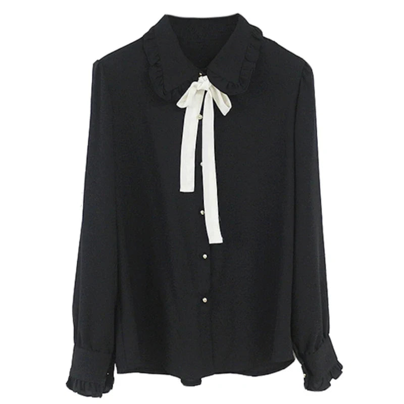 Cute Preppy Style Chiffon Blouse Girls Bow Tie Shirt Peter Pan Collar Top by Cralom