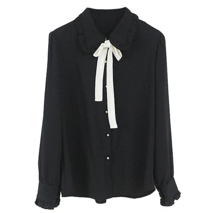 Cute Preppy Style Chiffon Blouse Girls Bow Tie Shirt Peter Pan Collar Top by Cralom