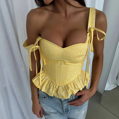 Cralom Plaid Ruffles Sling Crop Top U-neck Sleeveless Vest