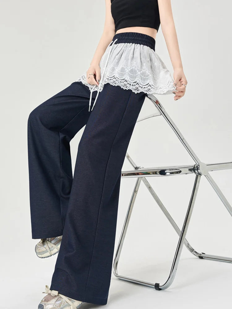 Cralom Lace Spliced Capris Loose Lace-Up Pants 2025 Spring-Summer Streetwear Fashion