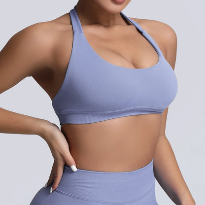 Cralom Yoga Halter Sports Bra Open Back Padded Crop Top Gym Fitness Running Top