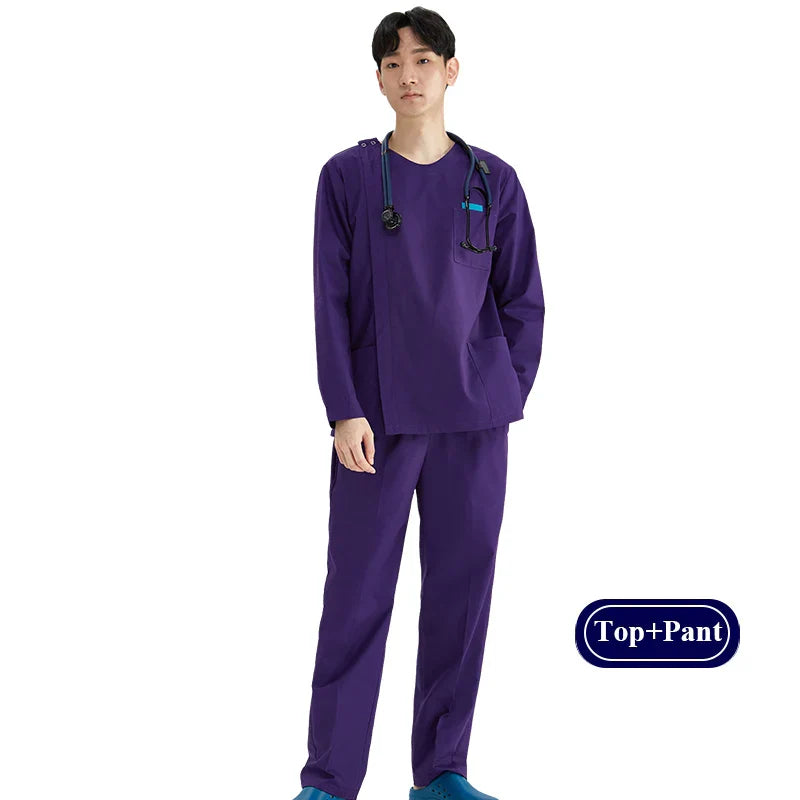 Cralom Heather Scrub Set: Men Women Zip Top, Drawstring Pants 2pc Slim Tunic