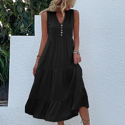 Cralom Women's Solid Color Loose A-Line Midi Dress - 2024 Summer Fashion
