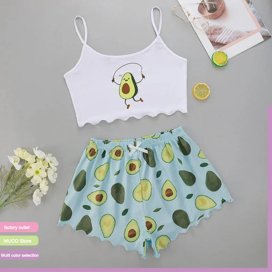 Cralom Avocado Print Pajama Set: T-Shirt and Shorts for Women, Sexy Casual Underwear