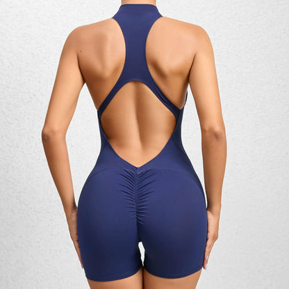 Cralom Seamless Yoga Bodysuit: Zip-Front Peach Booty Ruched One-Piece
