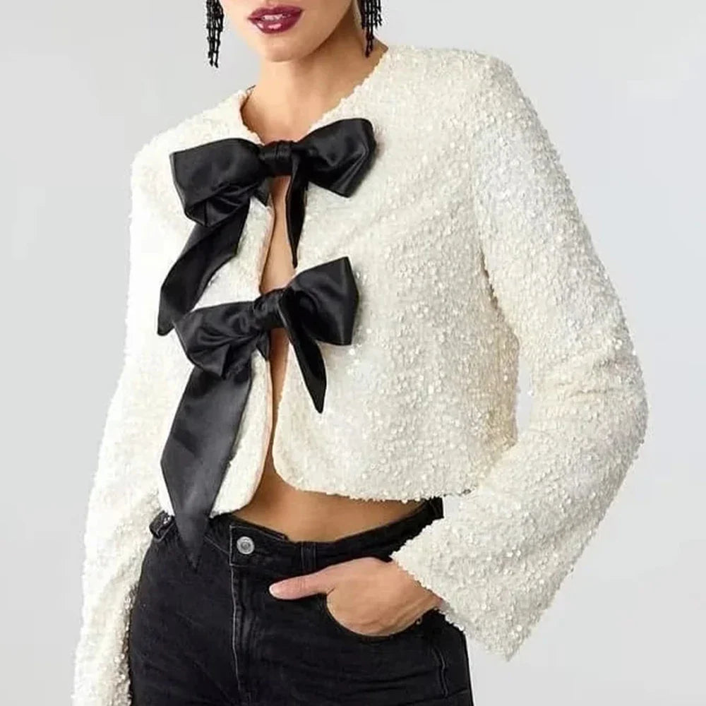 Cralom Sequin Patchwork Lace Up Jacket - Stylish Women's Coat