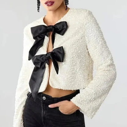 Cralom Sequin Patchwork Lace Up Jacket - Stylish Women's Coat