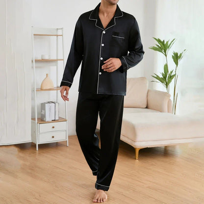 Cralom Men's Satin Pajama Set with Lapel Collar, Long Sleeve Tops & Pants