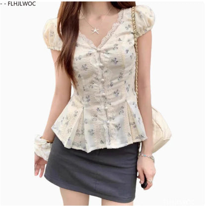 Cralom Lace-Up White Lace Peplum Top - Vintage Slim Waist Chic Blouse