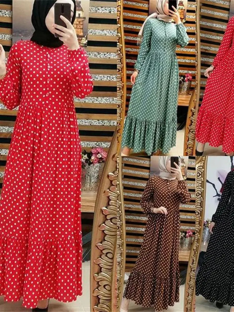Cralom Ramadan Polka Dot Abaya Dress for Women - Muslim Prayer Caftan Robe