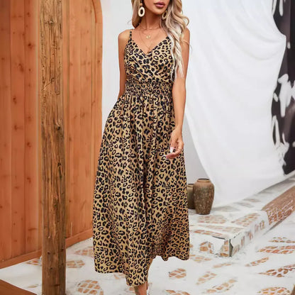 Cralom Leopard Print Suspender V-neck Dress