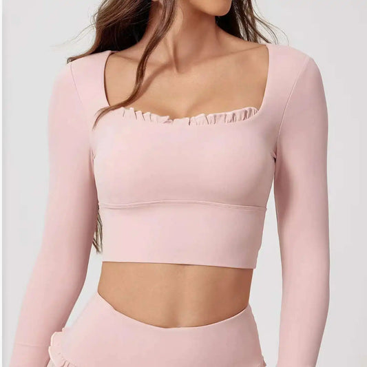 Cralom Fitness Long Sleeve Square Neck Yoga Top Gym Sportswear