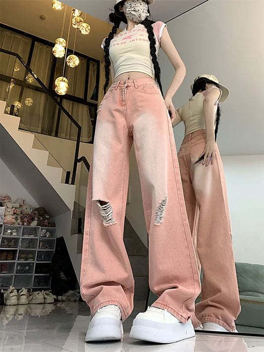 Cralom High Waist Pink Wide Leg Ripped Jeans - Women's Streetwear Denim
