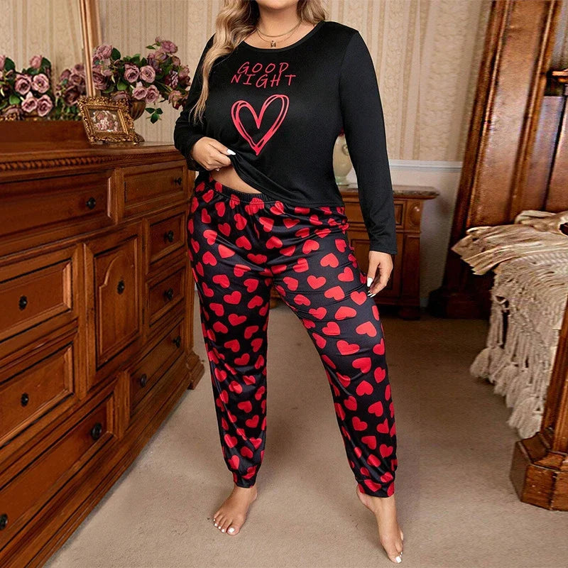 Cralom Heart Print Pajama Set: Long Sleeve Tops & Soft Elastic Pants