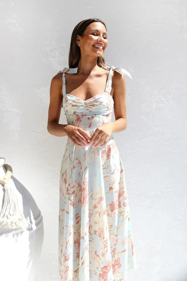 Floral Suspender Slimming Dress V-neck Waist Cinching Cralom Brand