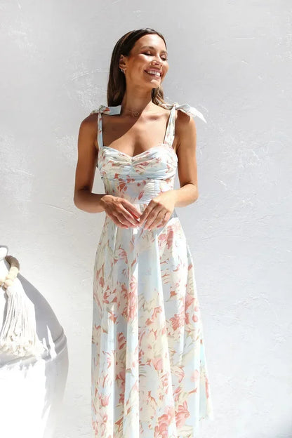 Floral Suspender Slimming Dress V-neck Waist Cinching Cralom Brand