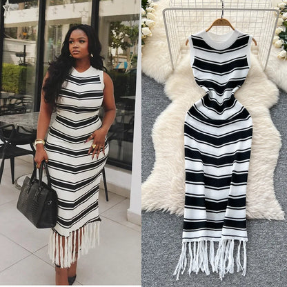Cralom Ribbed Striped Tank Maxi Dress with Tassel Detail