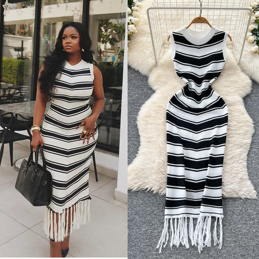 Cralom Ribbed Striped Tank Maxi Dress with Tassel Detail