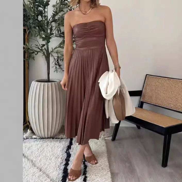 Cralom Shoulder Less Chest Hug Dress, Pleated Elastic Waist Cinched Sexy Summer Dress