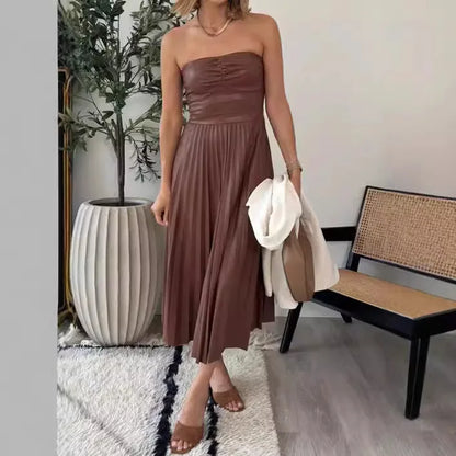 Cralom Shoulder Less Chest Hug Dress, Pleated Elastic Waist Cinched Sexy Summer Dress