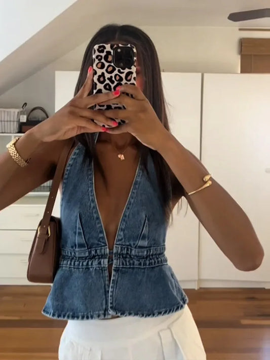 Cralom Lace-Up Denim Halter Vest for Women Summer 2025
