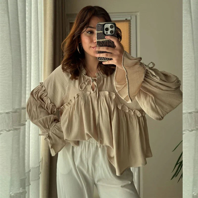 Cralom Casual Ruffles Shirt, Lantern Sleeves, Lace-Up O-Neck, Solid Color Streetwear