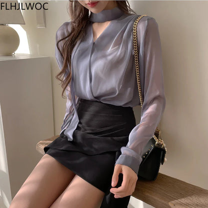 Cralom Sheer Bow Tie Blouse - Elegant Office Chic Fashion for Women