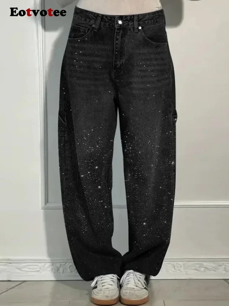 Cralom Rhinestone Wide Leg Vintage Jeans Women Y2K Korean Fashion Straight High Waist