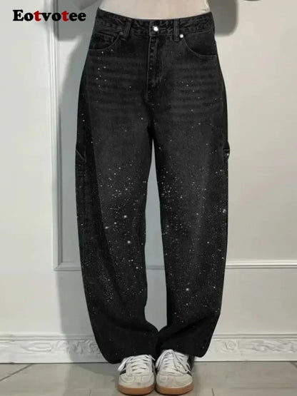 Cralom Rhinestone Wide Leg Vintage Jeans Women Y2K Korean Fashion Straight High Waist