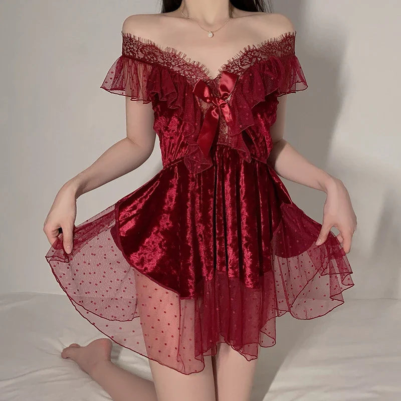 Luxurious Velvet Nightgown Set by Cralom: Deep V, Mesh Yarn, Backless Design