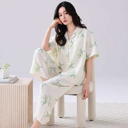 Cralom Soft Floral Print Pajama Set Short Sleeve Top Bra Inside Pant Comfort Sleepwear