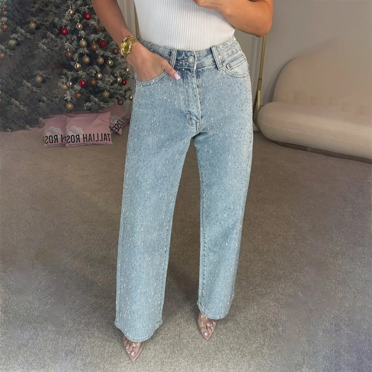 Cralom High Waist Rhinestone Straight Jeans | Streetwear Fashion Women's Denim