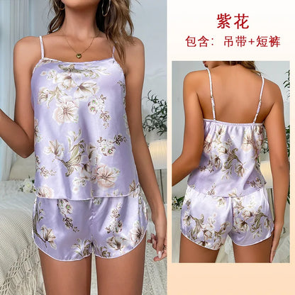 Cralom Women's Printed Silk Pajama Set