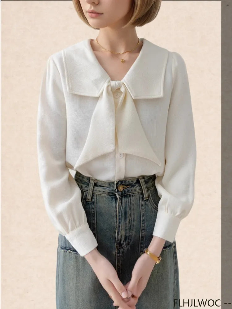 Cralom Sweet Ribbon Button Bow Tie Top for Women - Elegant Korean Style Blouse