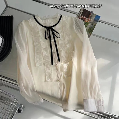 Cralom Lace Ruffled Ribbon Tops with Bow Tie/Button, Elegant Blouses