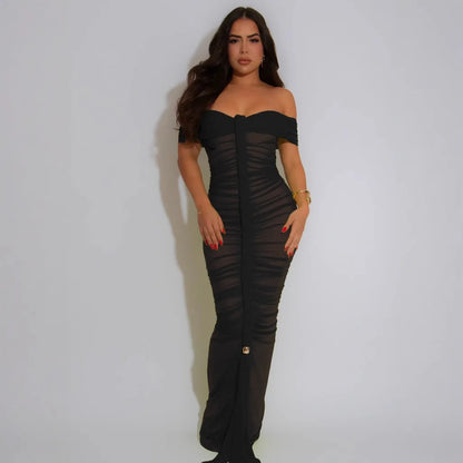 Cralom Mesh Pleated Shoulder One-piece Dress for Summer 2025