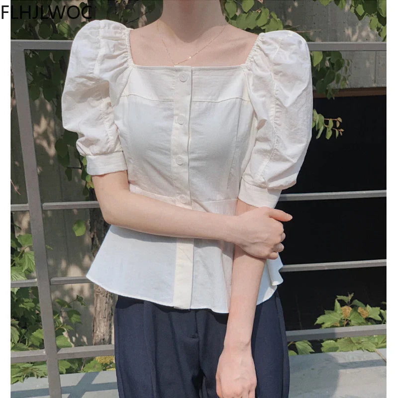 Cralom Sweet Square Neck Tops Blusas, Solid Colors, Single-Breasted Button White Shirts