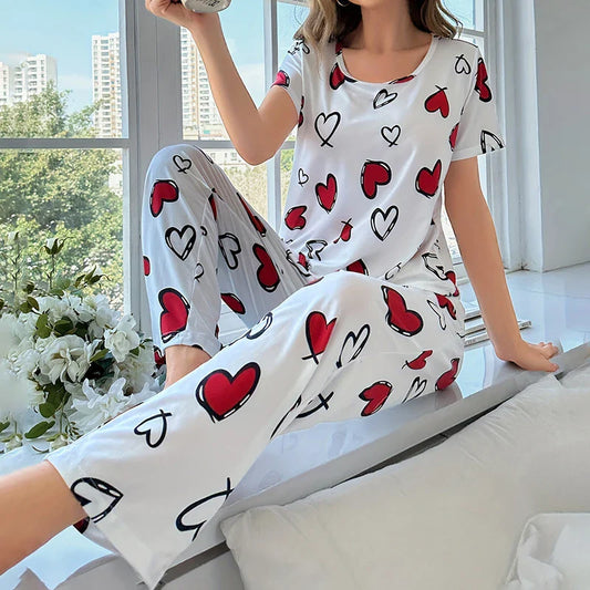Cralom Heart Print 2Pcs Pajama Set: Tee & Pants, Summer Sleepwear