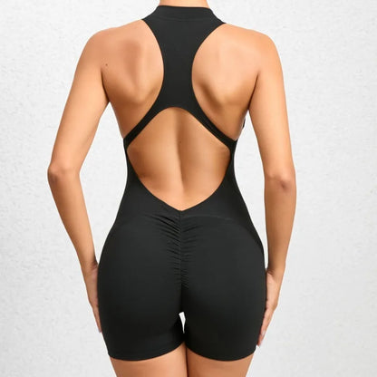 Cralom Seamless Yoga Bodysuit: Zip-Front Peach Booty Ruched One-Piece