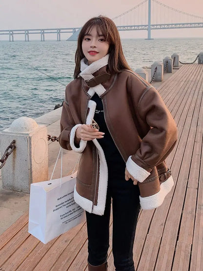 Cralom Winter Lambswool Padded Fur Coat Female Motorcycle Suit