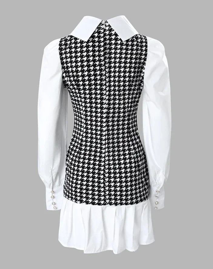 Cralom Houndstooth Button Decor Puff Sleeve Dress