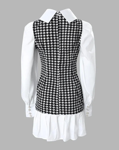 Cralom Houndstooth Button Decor Puff Sleeve Dress