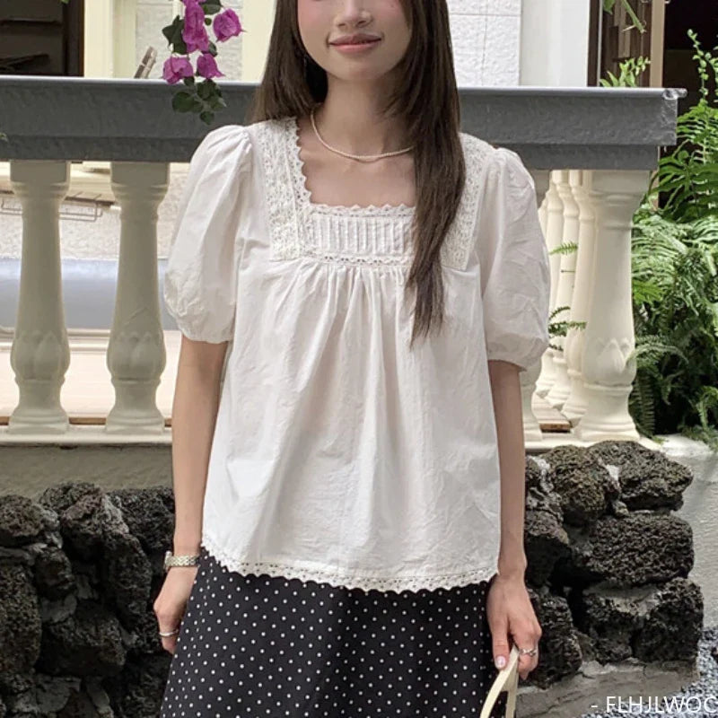 Cralom Japanese Style Square Neck Lace Blouse White Tops Women Summer