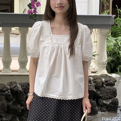 Cralom Japanese Style Square Neck Lace Blouse White Tops Women Summer