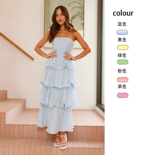 Cralom Solid Color Strapless Backless Cake Dress - 2025 Summer